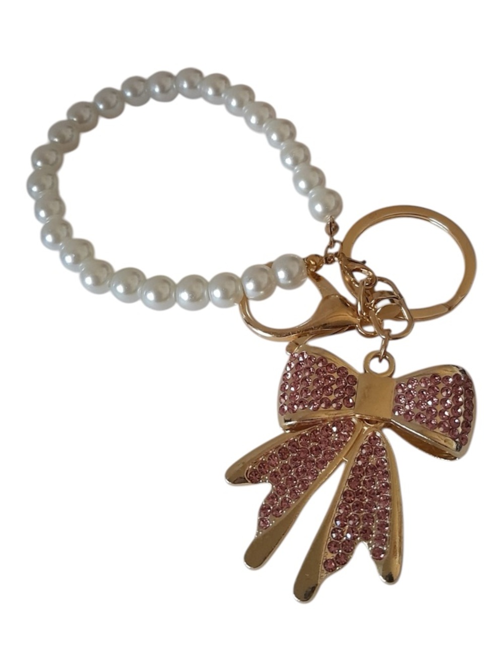 2pcs Bow Keychain with Imitation Pearl Chain Sparkling Rhinestones - Picture 5 of 7